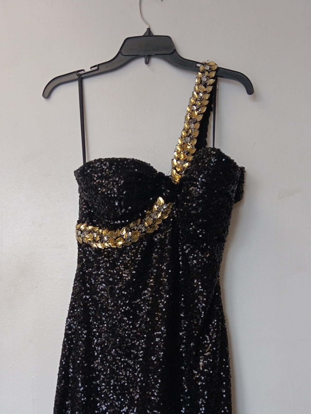 Black Sequin One-Shoulder Dress with Gold Embellished Strap